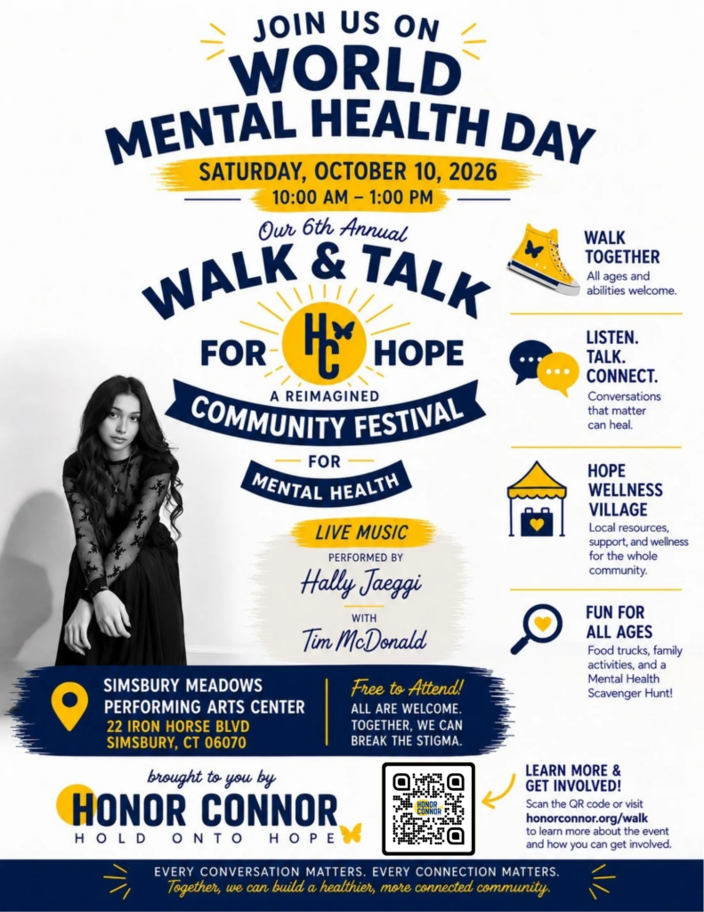 Walk and talk for Hope event graphic featuring a Sunburst logo and a yellow high top sneaker with the hashtag mental health matters